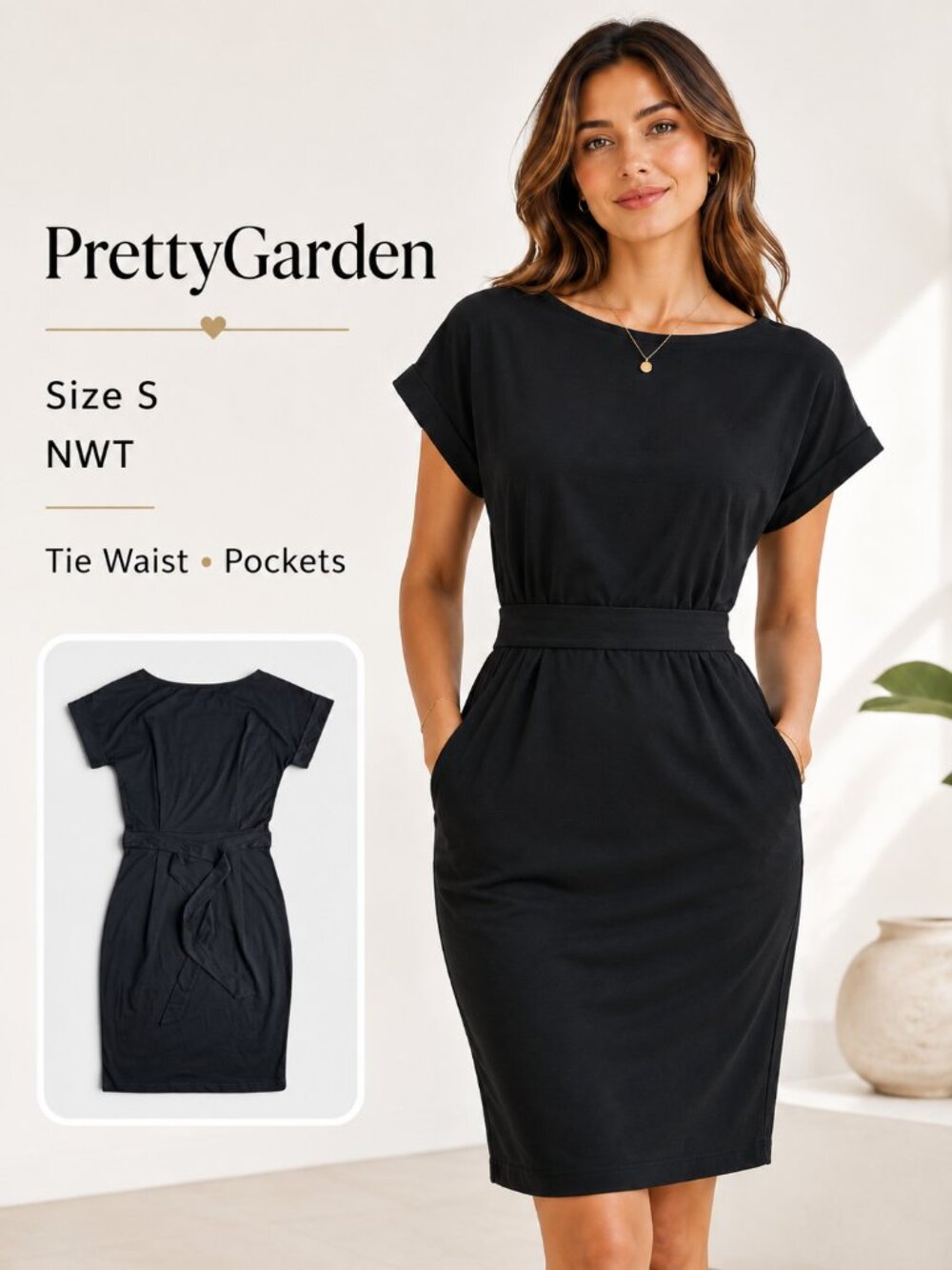 PrettyGarden Black Short Sleeve Tie Waist Sheath Dress Size S NWT